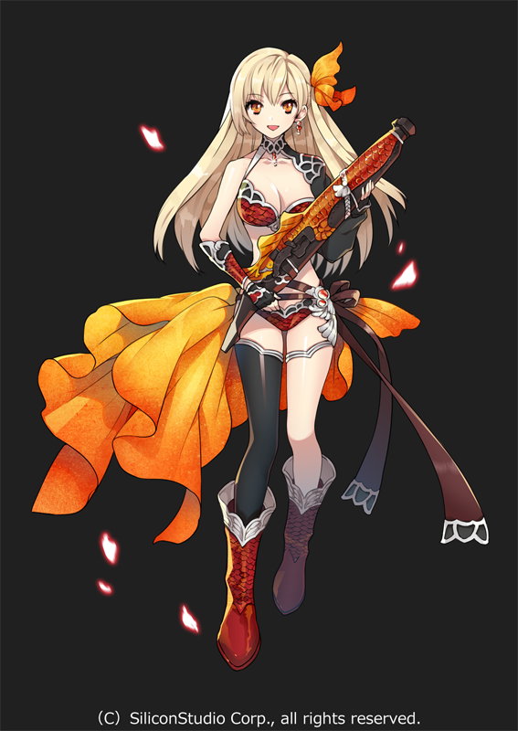 1girl, blonde_hair, boots, breasts, earrings, fingerless_gloves, full_body, gloves