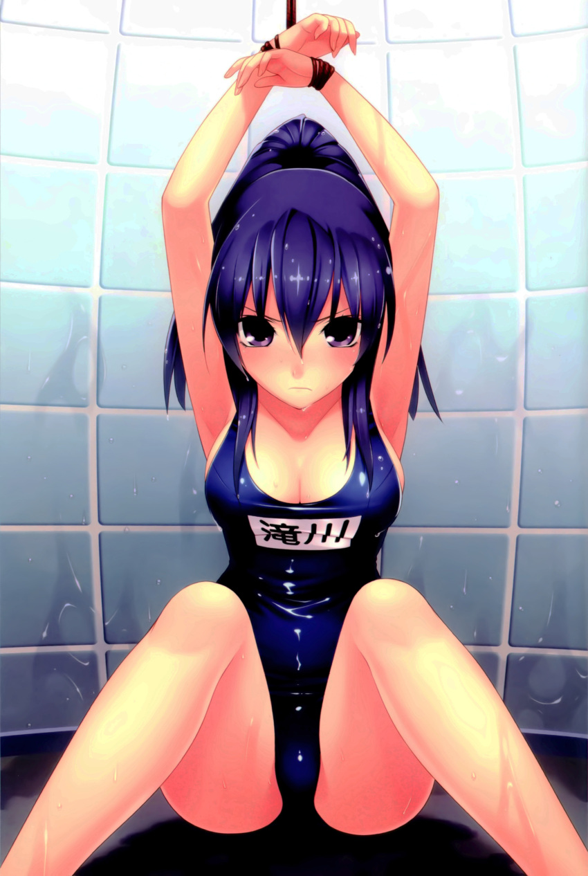 1girl, absurdres, armpits, arms_up, bdsm, breasts, cleavage, fisheye, hair_between_eyes, highres, hirano_katsuyuki, large_breasts, looking_at_viewer, love_application, payot, ponytail, purple_hair, restrained, school_swimsuit, sitting, solo, swimsuit, takigawa_aoi, violet_eyes, wet