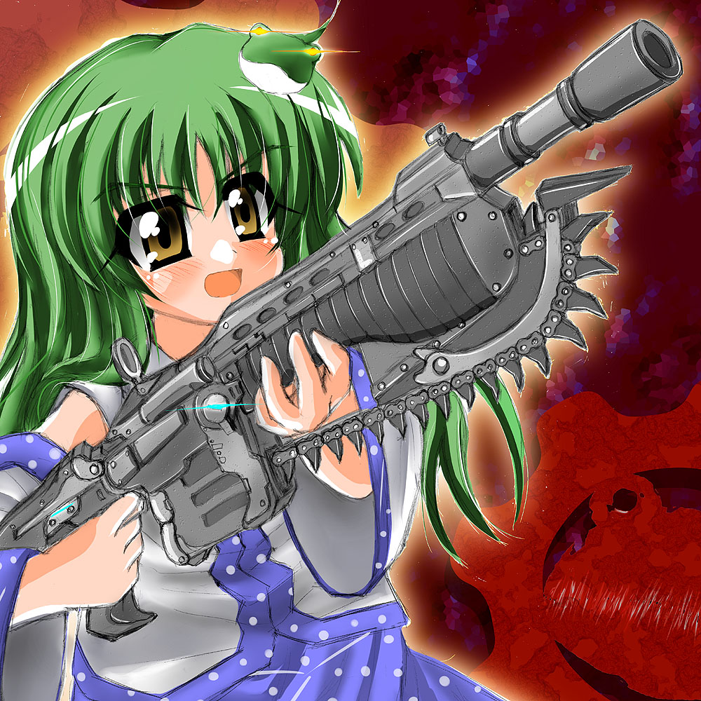 chainsaw, crimson_omen, crossover, detached_sleeves, frog, gears, gears_of_war, glowing