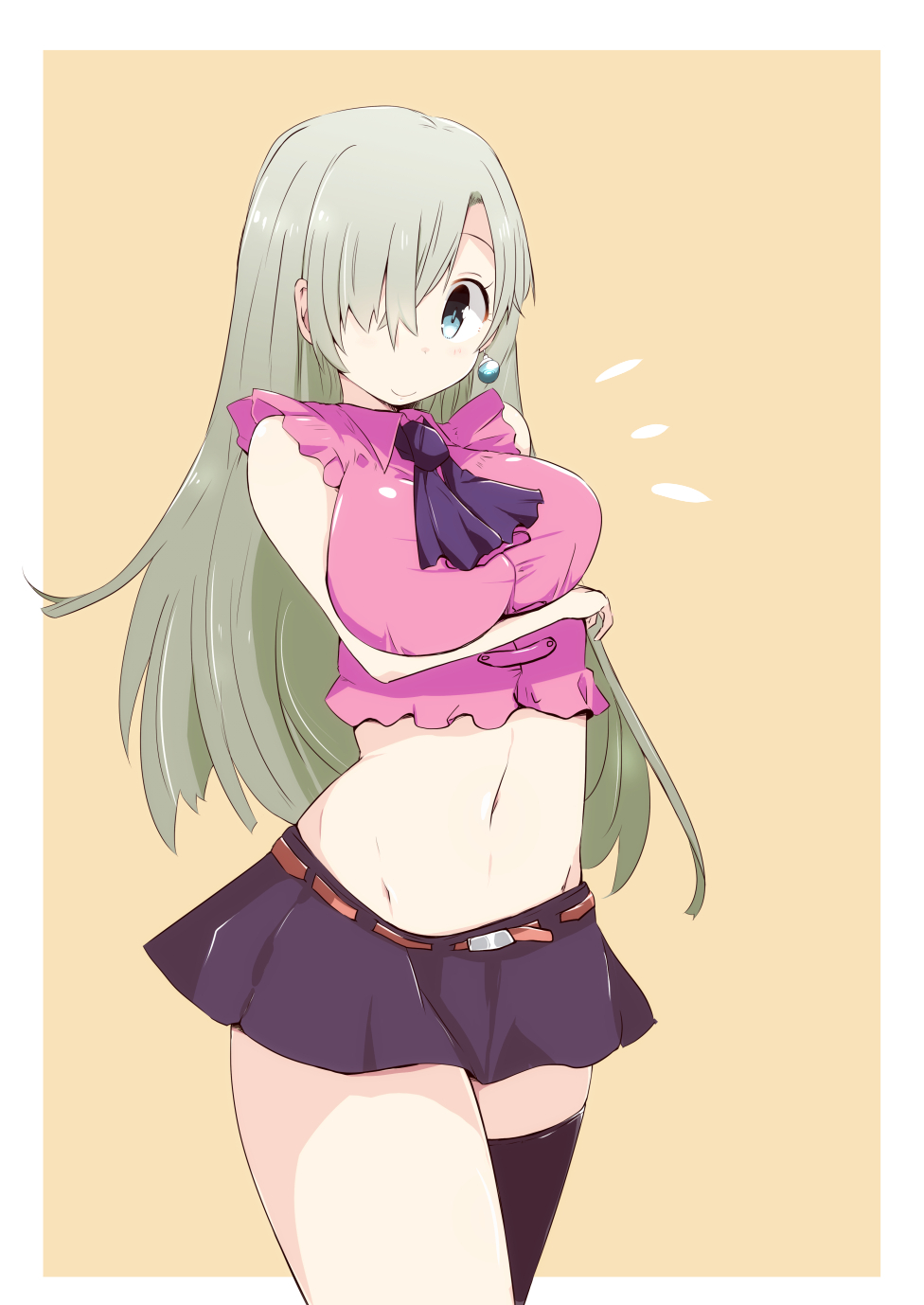 1girl, black_legwear, blue_eyes, breasts, earrings, elizabeth_liones, hair_over_one_eye, highres