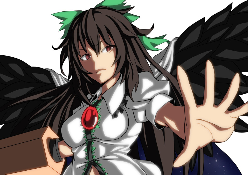 1girl, arm_cannon, black_hair, bow, cape, hair_bow, long_hair, outstretched_arm