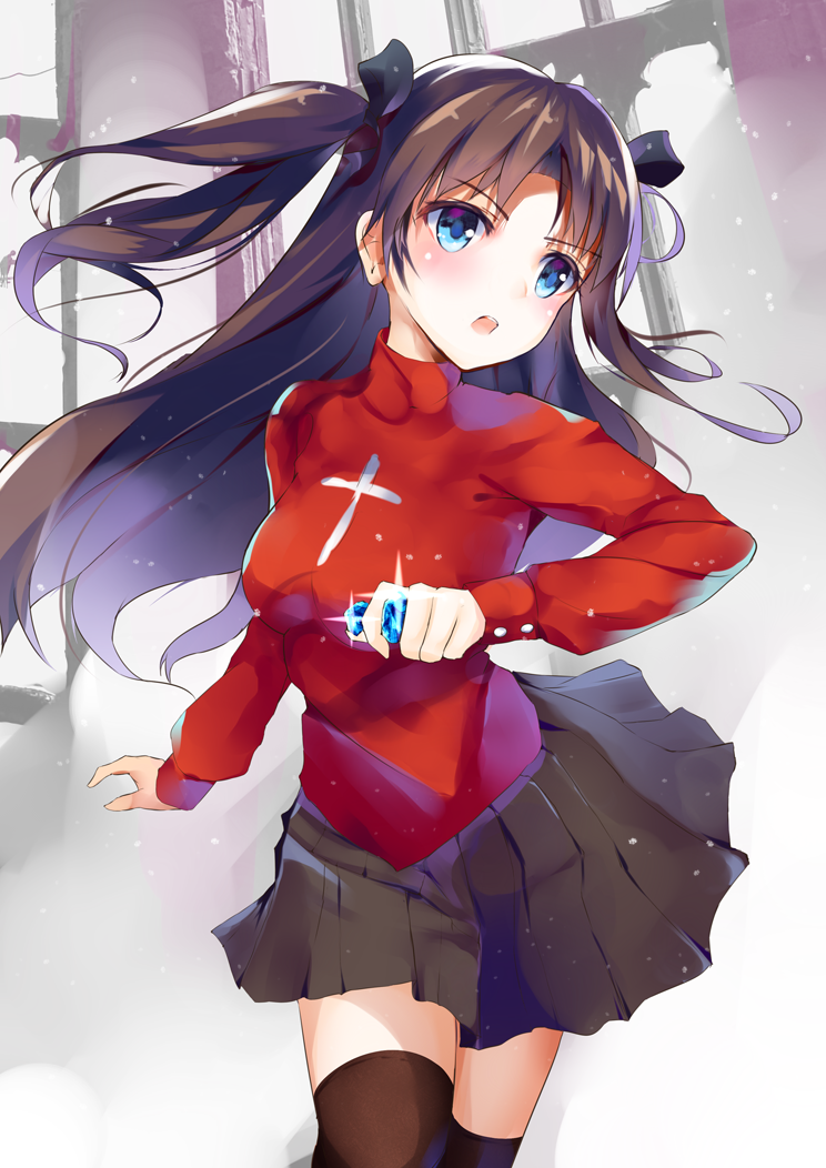 1girl, black_legwear, blue_eyes, brown_hair, fate/stay_night, fate_(series), hair_ribbon, henet_hene
