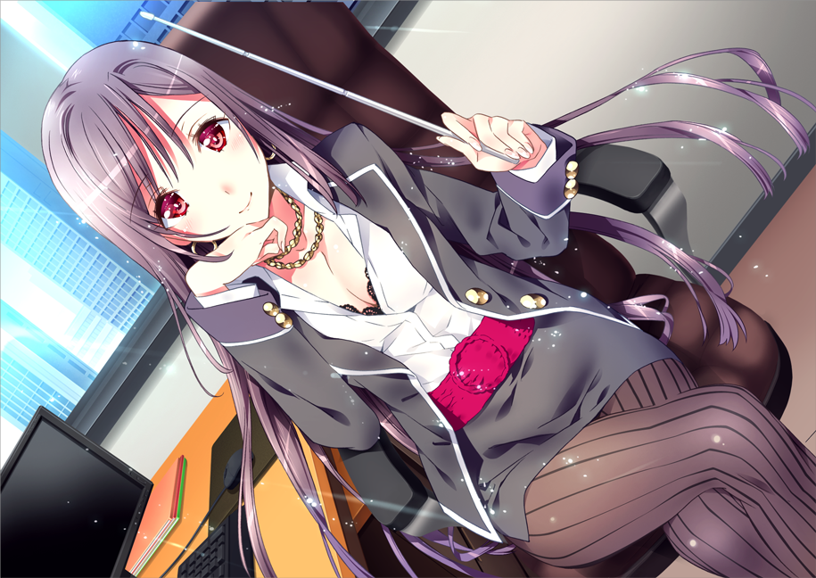 1girl, brown_hair, chair, chin_rest, computer, crossed_legs, dutch_angle, earrings, formal, friends_(aile), game_cg, jewelry, kamiya_maneki, long_hair, nachi_yuuka, necklace, pantyhose, pointer, red_eyes, ribbed_legwear, sitting, skirt_suit, smile, solo, sparkle, suit