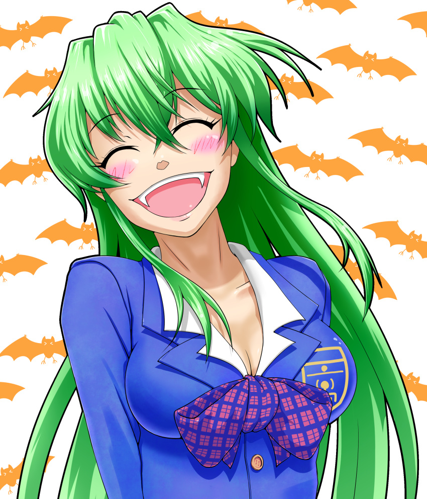 >_<, 1girl, absurdres, arms_behind_back, bat, blush, bow, breasts
