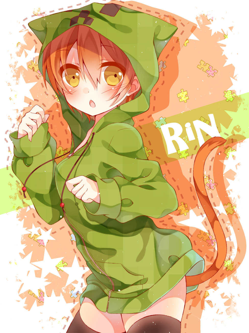 1girl, animal_costume, animal_ears, black_legwear, blush, brown_eyes, cat_ears, cat_tail, creeparka, creeper_(cosplay), highres, hoshizora_rin, looking_at_viewer, love_live!_school_idol_project, minecraft, mogu_(au1127), open_mouth, orange_hair, short_hair, solo, tail, thigh-highs