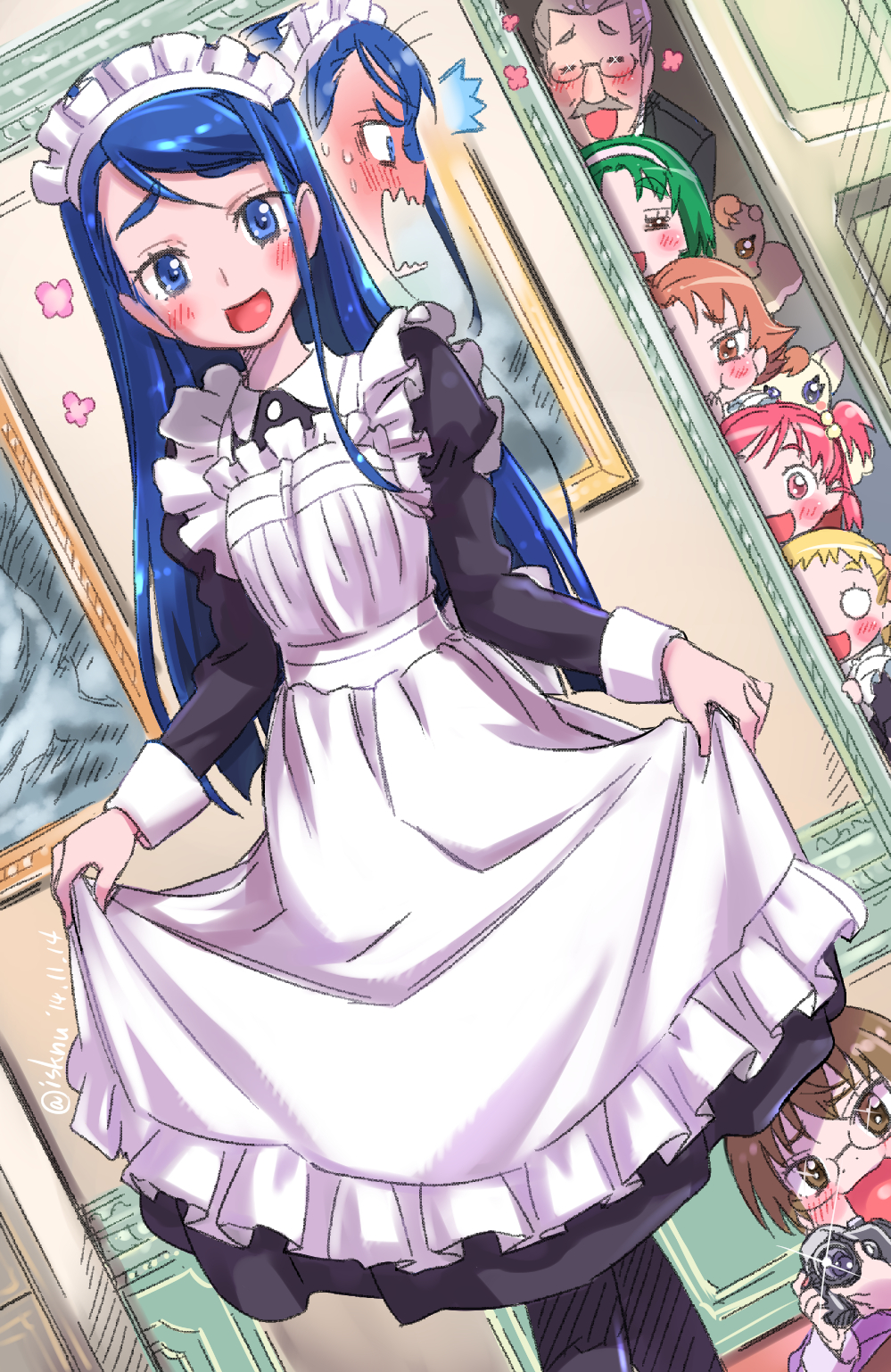 6+girls, akimoto_komachi, apron, blonde_hair, blue_eyes, blue_hair, blush, brown_eyes