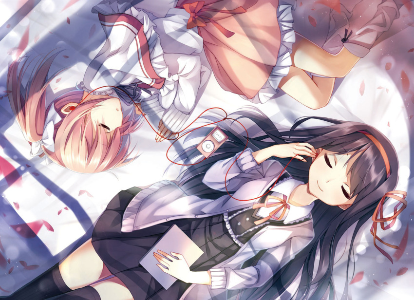 2girls, akemi_homura, alternate_costume, bisonbison, black_hair, black_legwear, closed_eyes, digital_media_player