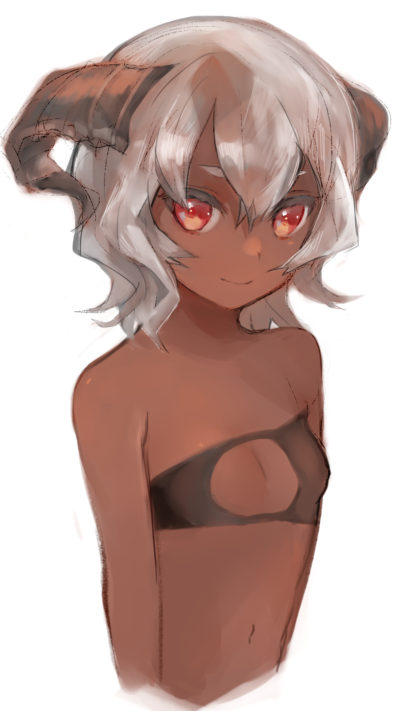 1girl, bare_shoulders, bust, dark_skin, eyebrows, gmanee, grey_hair, highres