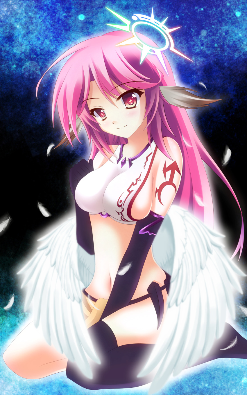 1girl, absurdres, angel_wings, asymmetrical_legwear, blush, breasts, cross, feathers