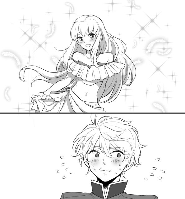 1boy, 1girl, aldnoah.zero, animoool, asseylum_vers_allusia, bare_shoulders, blush, long_hair, looking_away, midriff, nervous_smile, open_mouth, short_hair, slaine_troyard