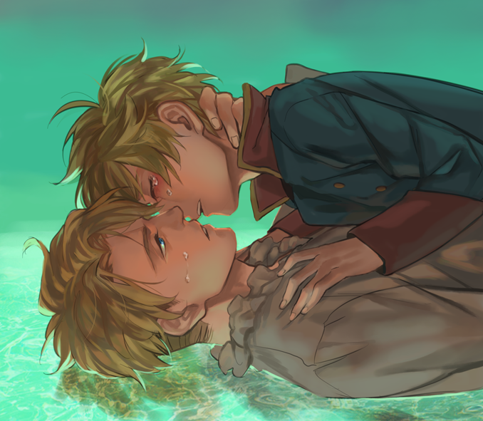 2boys, aldnoah.zero, almost_kiss, animoool, blonde_hair, blue_eyes, cruhteo, male