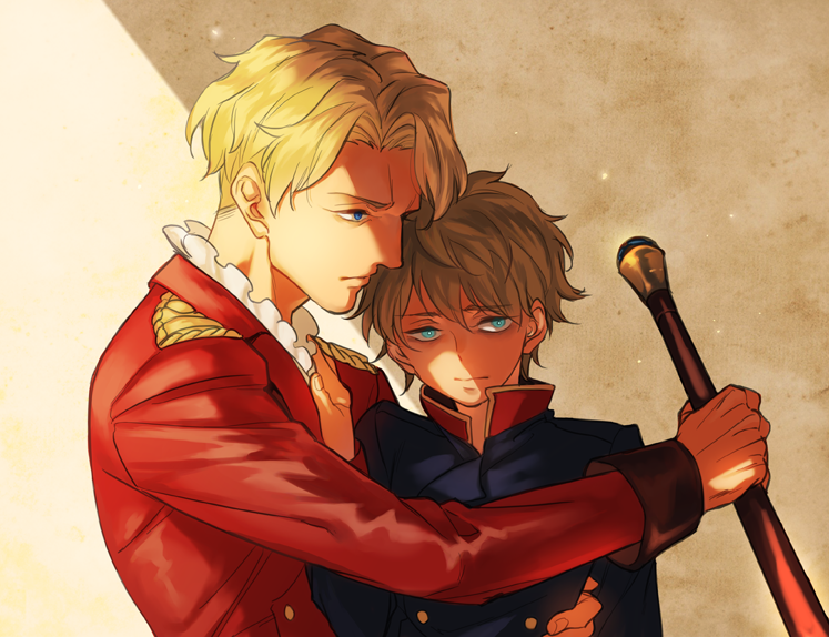 2boys, aldnoah.zero, animoool, blonde_hair, blue_eyes, cane, cruhteo, holding