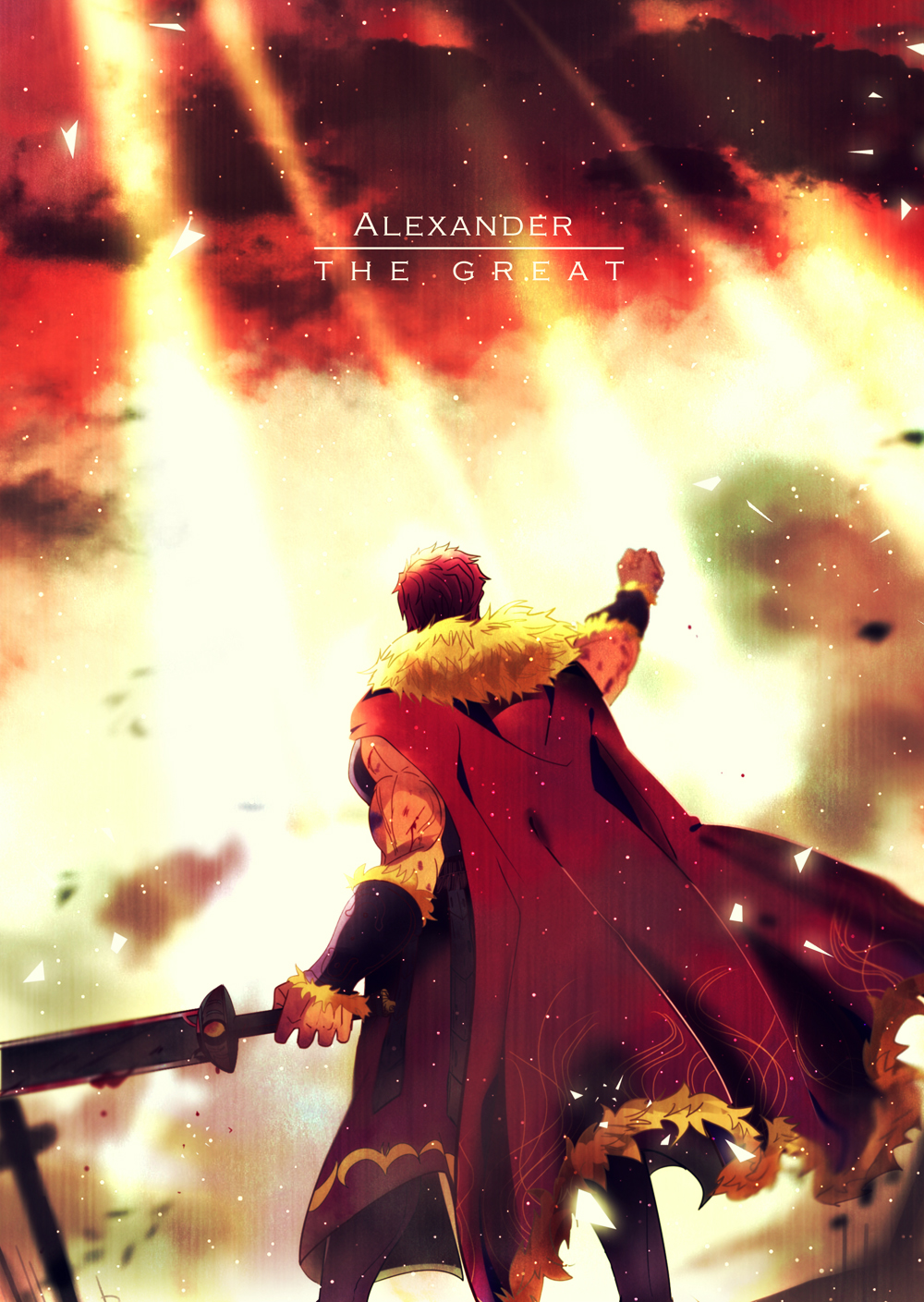 1boy, beard, cape, character_name, facial_hair, fate/zero, fate_(series), from_behind
