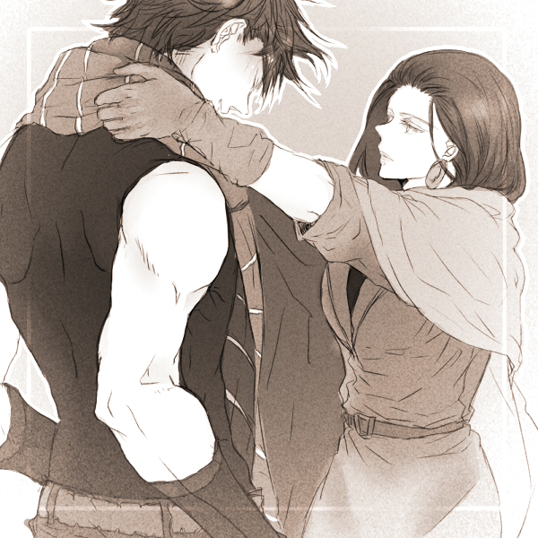 1boy, 1girl, cape, dressing, earrings, gloves, jewelry, jojo_no_kimyou_na_bouken, joseph_joestar_(young), koto_(artr), lisa_lisa, monochrome, mother_and_son, scarf