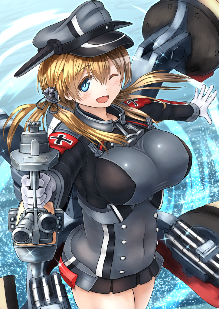 1girl, ;d, anchor_hair_ornament, black_skirt, blonde_hair, blue_eyes, blush, breasts