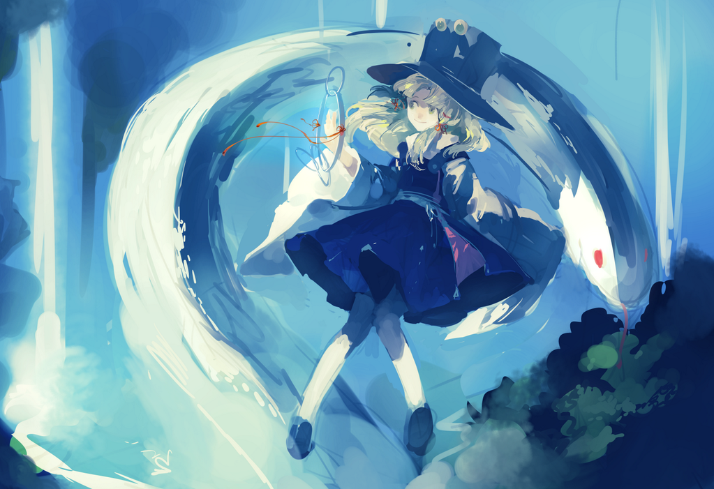 1girl, bangs, blonde_hair, blue, full_body, hair_ribbon, hat, hiphip_hurray
