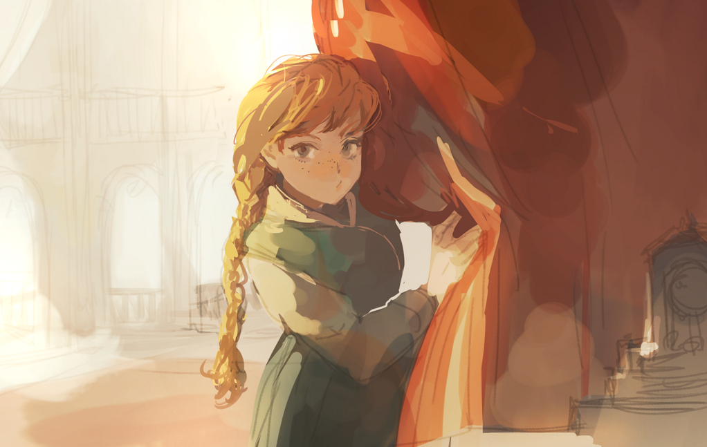 1girl, anna_(frozen), braid, brown_hair, curtains, freckles, frozen_(disney), grey_eyes