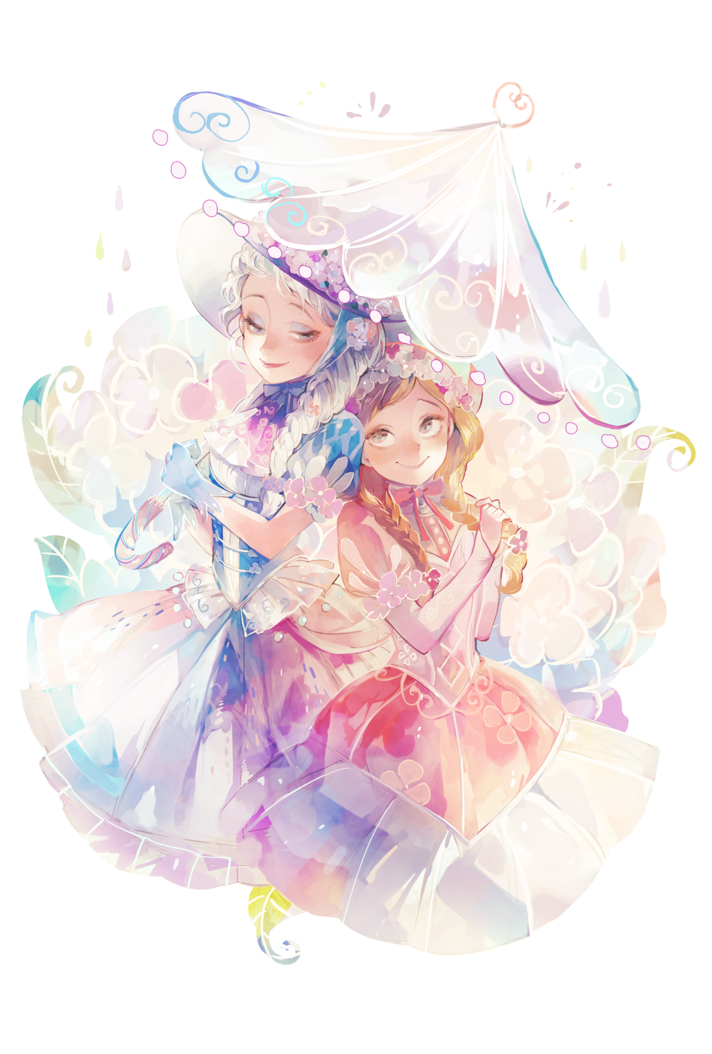 2girls, alternate_costume, anna_(frozen), bonnet, braid, brown_hair, corset, dress
