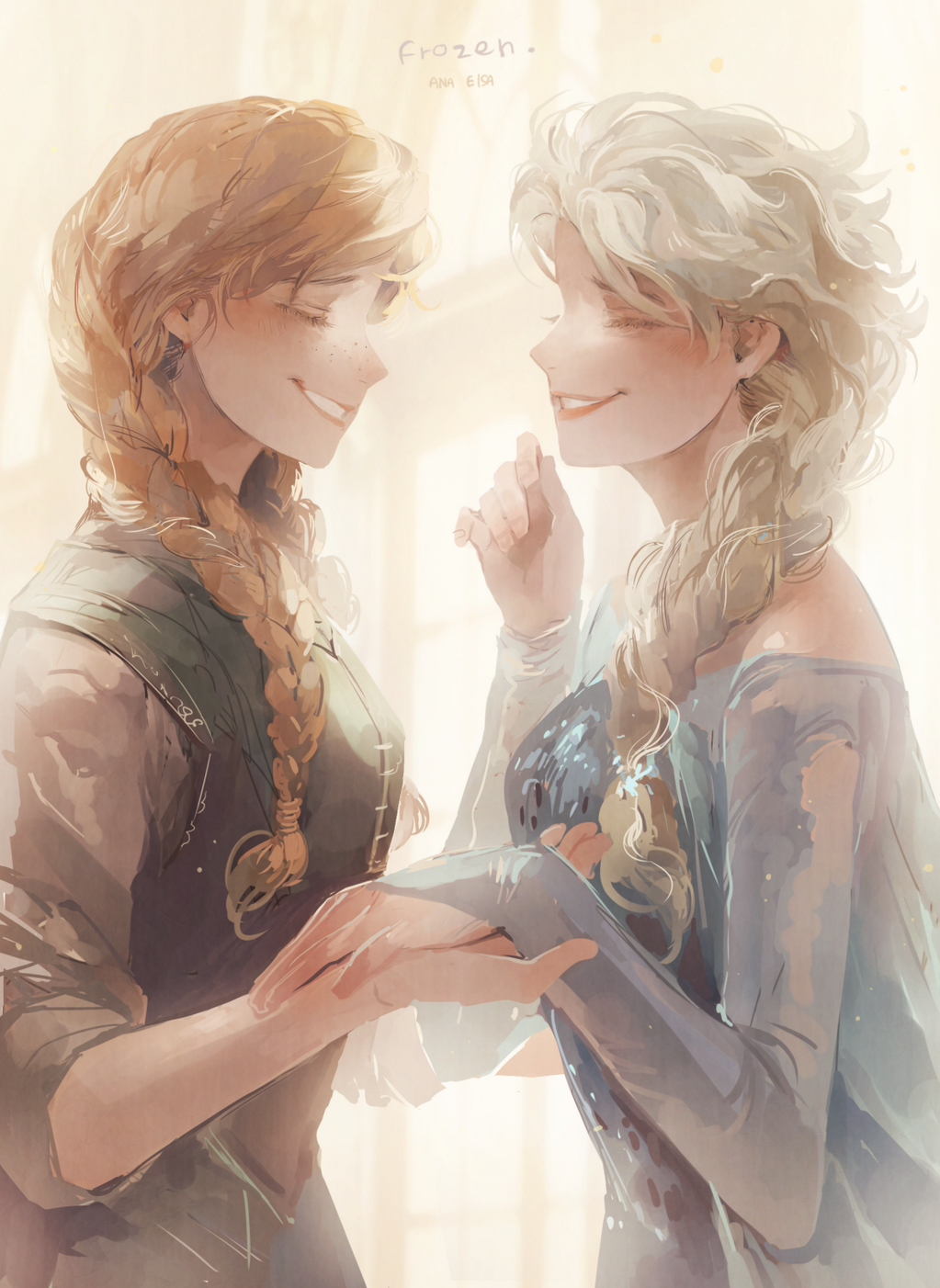 2girls, anna_(frozen), backlighting, braid, brown_hair, character_name, closed_eyes, copyright_name