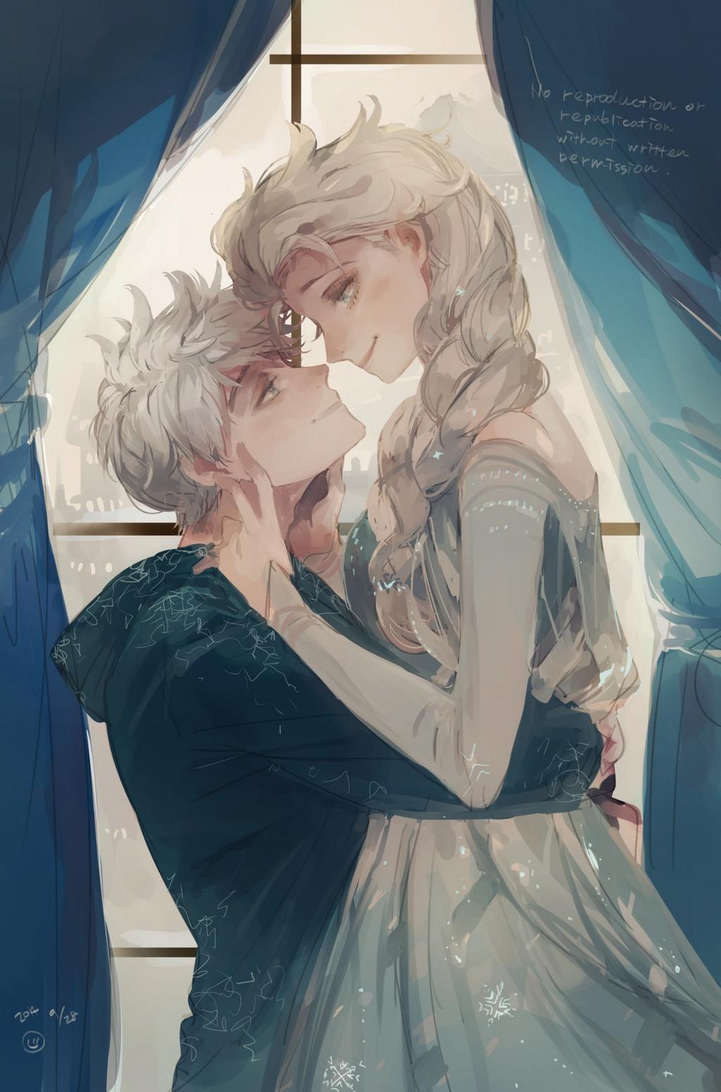 1boy, 2014, blue_dress, braid, couple, crossover, curtains, dated, dress, elsa_(frozen), from_side, frozen_(disney), half-closed_eyes, hetero, highres, hiphip_hurray, hug, jack_frost_(rise_of_the_guardians), long_hair, platinum_blonde, rise_of_the_guardians, sepia, short_hair, side_braid, silver_hair, single_braid, smile, touching, window