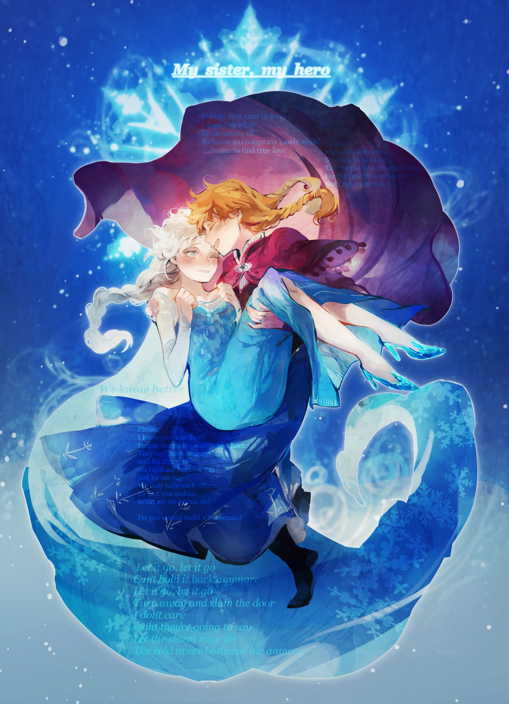 2girls, anna_(frozen), blue_background, blue_dress, blue_shoes, braid, brown_hair, cape