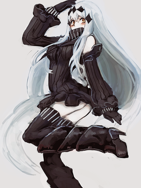 1girl, aircraft_carrier_water_oni, armored_boots, ass, bare_shoulders, black_boots, black_dress, black_legwear
