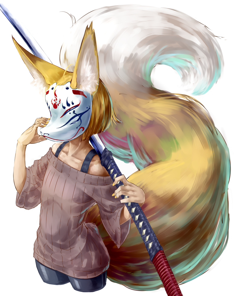 1girl, animal_ears, bike_shorts, blonde_hair, blue_eyes, fox_ears, fox_mask, fox_tail, jaco, mask, nagamaki, original, short_hair, simple_background, solo, tail, white_background