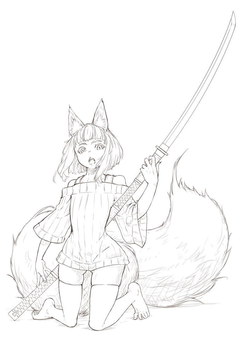 1girl, animal_ears, bare_legs, barefoot, bike_shorts, fox_ears, fox_tail, jaco