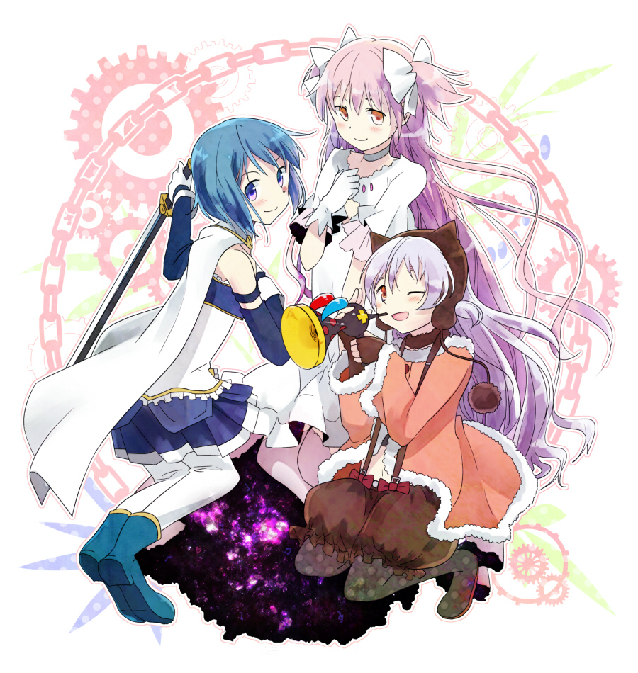 3girls, ;d, armband, blue_eyes, blue_hair, bow, cape, choker