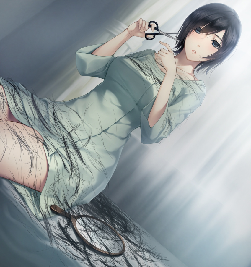 1girl, black_hair, blue_eyes, breasts, cutting_hair, game_cg, highres, hospital_gown