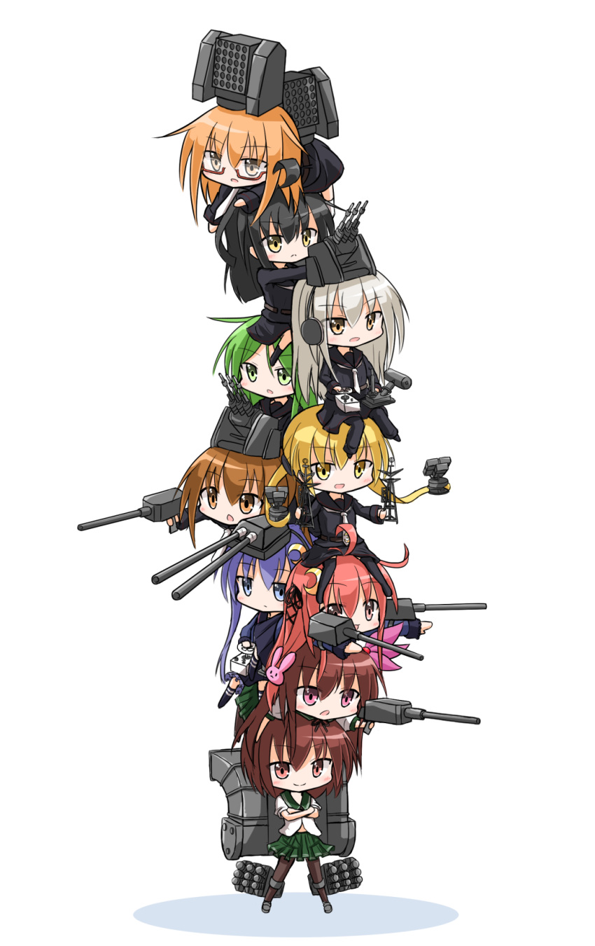 black_hair, blonde_hair, blue_eyes, brown_eyes, brown_hair, bunny_hair_ornament, chibi, crossed_arms