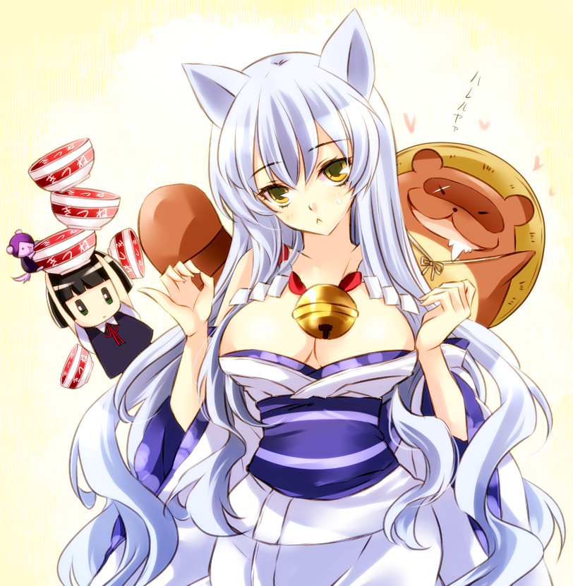 2girls, :<, animal_ears, bare_shoulders, bell, black_hair, blush, bob_cut
