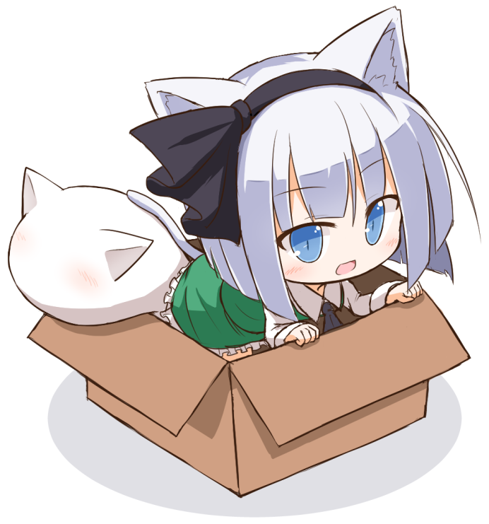 1girl, animal_ears, ascot, blue_eyes, box, cardboard_box, cat_ears, cat_tail, chibi, dress_shirt, hair_ribbon, in_box, in_container, kemonomimi_mode, konpaku_youmu, konpaku_youmu_(ghost), open_mouth, ribbon, shirt, short_hair, skirt, skirt_set, smile, solo, tachibana_yamato_(tathibana), tail, touhou, white_hair