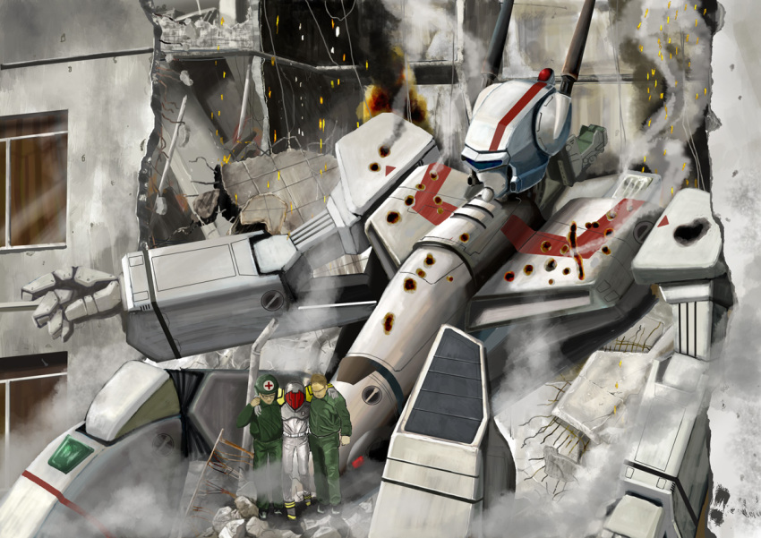 3boys, armor, bad_end, building, bullet_hole, carrying, choujikuu_yousai_macross, commentary_request