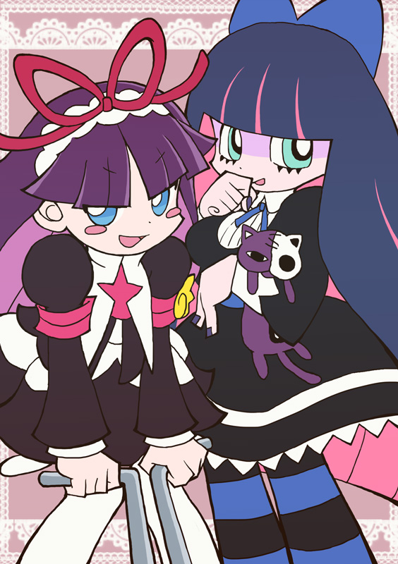 2girls, black_dress, blue_eyes, blue_hair, blush_stickers, bow, character_request, copyright_request