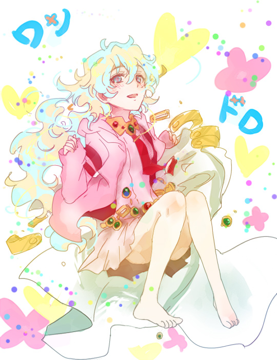 1girl, barefoot, hoodie, jewelry, long_hair, multicolored_hair, nia_teppelin, skirt