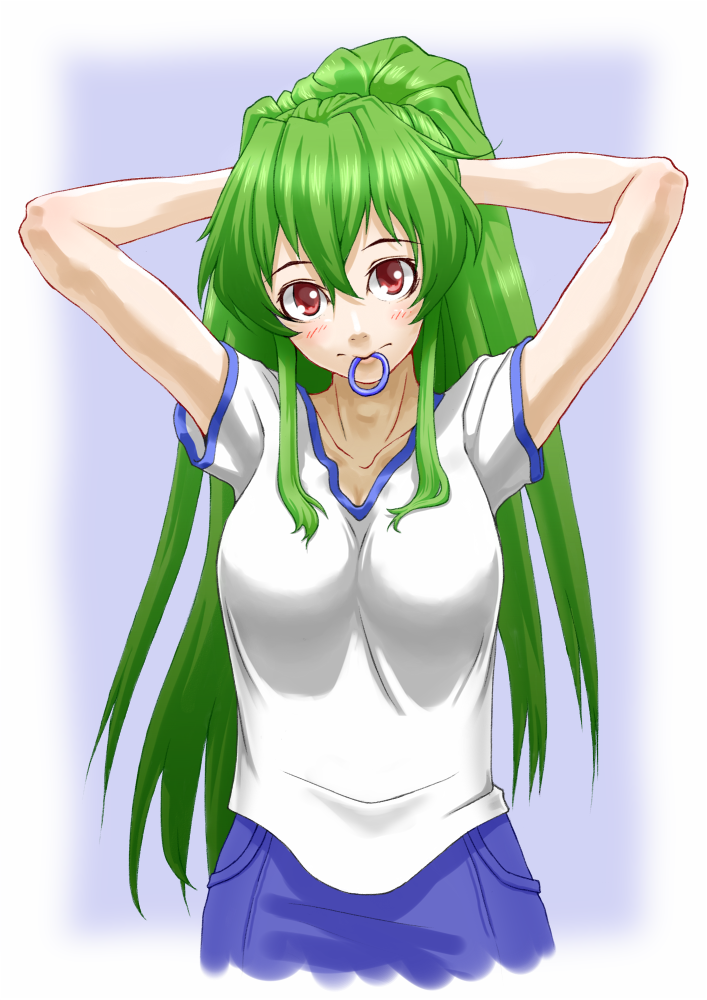 1girl, adjusting_hair, arms_behind_head, blush, breasts, cowboy_shot, green_hair, gym_uniform, hairband_removed, jitsu_wa_watashi_wa, long_hair, mouth_hold, ponytail, red_eyes, shiragami_youko, solo, tsukuan, vampire, very_long_hair