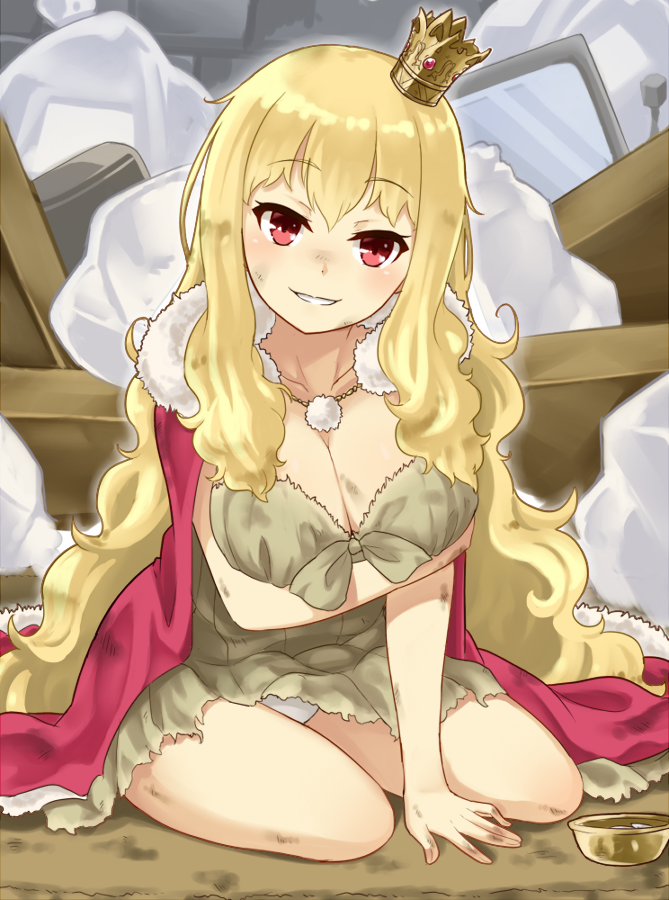 1girl, arm_support, blonde_hair, blush, breast_hold, breasts, cape, cleavage