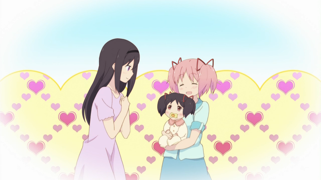 akemi_homura, baby, black_hair, blush, family, gobou_1000, hairband, if_they_mated, kaname_madoka, long_hair, mahou_shoujo_madoka_magica, multiple_girls, parody, sakura_trick, short_hair, smile, tagme, twintails, yuri