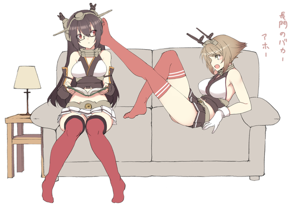 2girls, bare_shoulders, bespectacled, black-framed_glasses, black_hair, book, breasts, couch