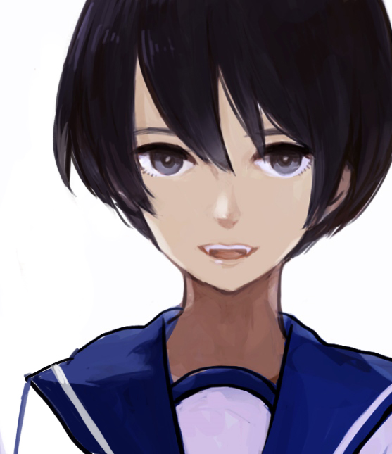 1girl, black_eyes, black_hair, bust, character_request, open_mouth, portrait, school_uniform