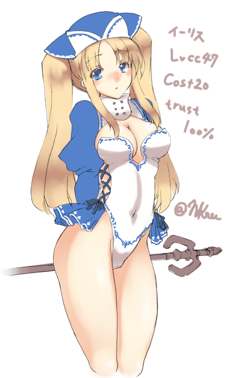 1girl, arms_behind_back, blonde_hair, blue_eyes, breasts, character_request, cleavage_cutout, covered_navel