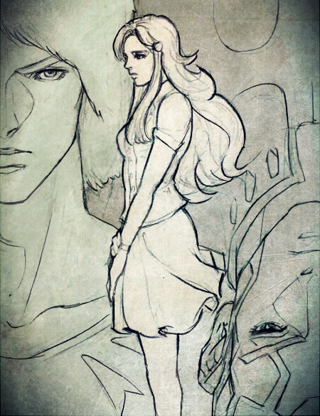 1girl, 2boys, enrico_pucci, graphite_(medium), jojo_no_kimyou_na_bouken, long_hair, multiple_boys, ot_(dog_wasd), pearla_pucci, siblings, traditional_media, weather_report