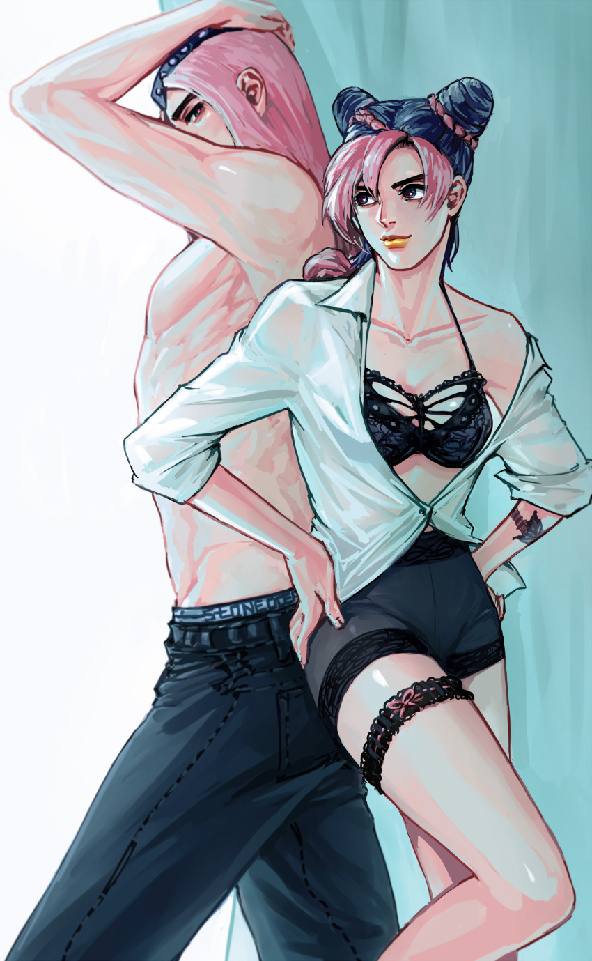 1boy, 1girl, absurdres, black_hair, bra, denim, double_bun, highres