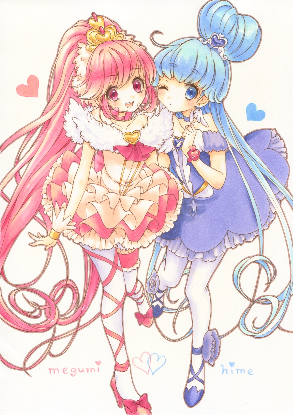 2girls, aino_megumi, ballerina, bare_shoulders, blue_eyes, blue_hair, blue_skirt, brooch