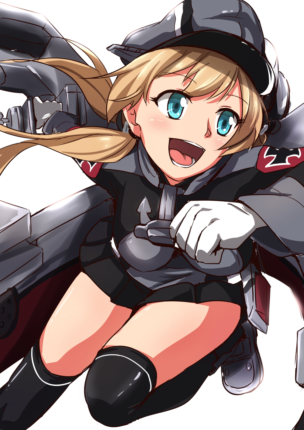 1girl, anchor_symbol, aqua_eyes, black_legwear, black_skirt, blonde_hair, clenched_hand, gloves
