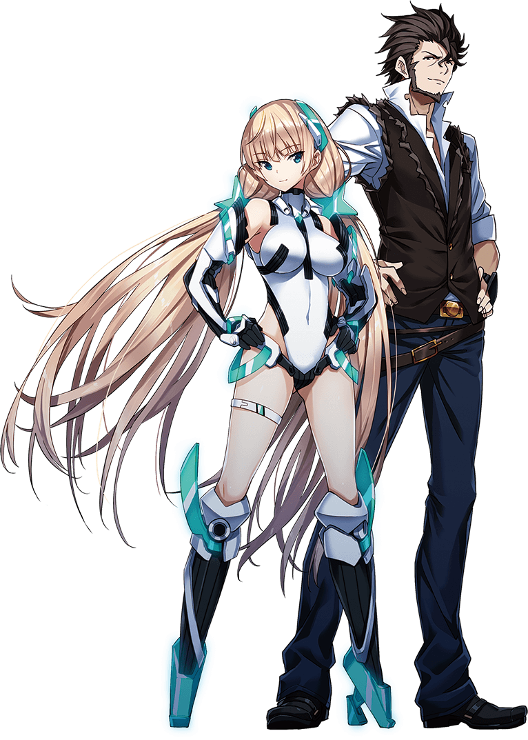 1boy, 1girl, angela_balzac, aqua_eyes, beard, blonde_hair, boots, brown_eyes