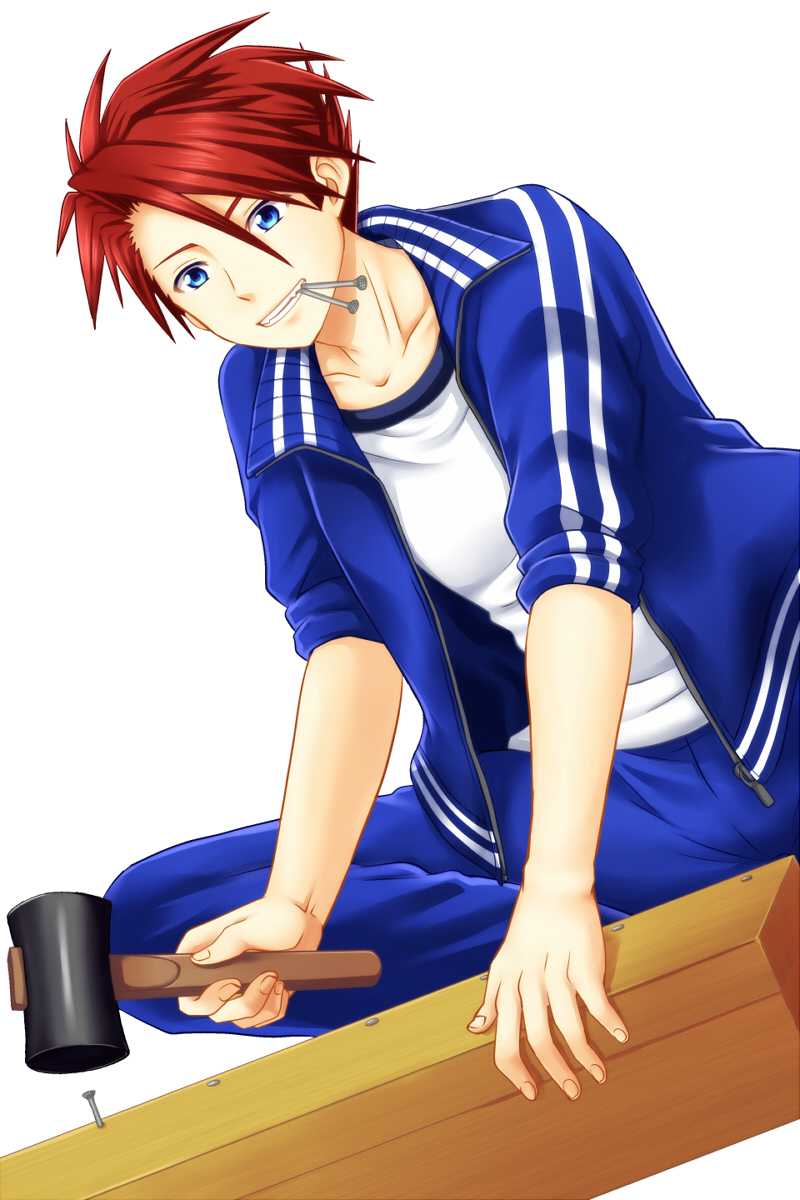 1boy, blue_eyes, grin, hacchin, hammer, highres, male, mouth_hold, nail, redhead, sleeves_rolled_up, smile, track_suit, umineko_no_naku_koro_ni, ushiromiya_battler
