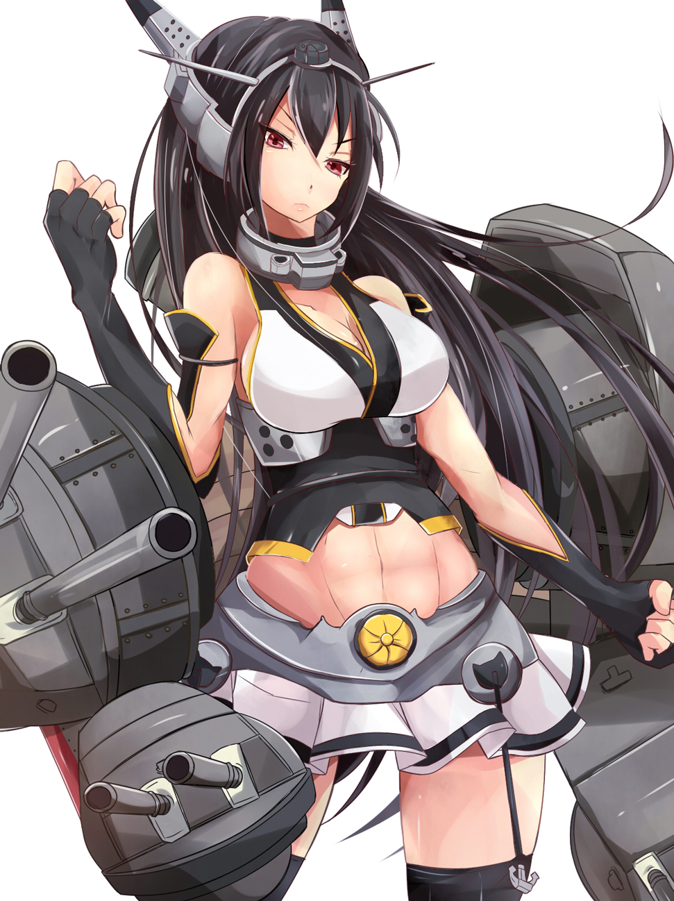 1girl, abs, bare_shoulders, black_gloves, black_hair, black_legwear, breasts, cannon, cleavage, elbow_gloves, fingerless_gloves, garter_straps, gloves, hair_ornament, highres, kantai_collection, large_breasts, long_hair, looking_at_viewer, midriff, miniskirt, nagato_(kantai_collection), pink_eyes, shirt, skirt, sleeveless, sleeveless_shirt, solo, thigh-highs, uumenn, very_long_hair, zettai_ryouiki
