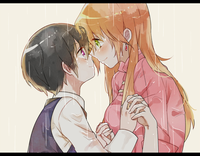 1boy, 1girl, black_hair, eye_contact, face-to-face, gaw_(enasa), green_eyes, livius_orvinus_ifriqiyah